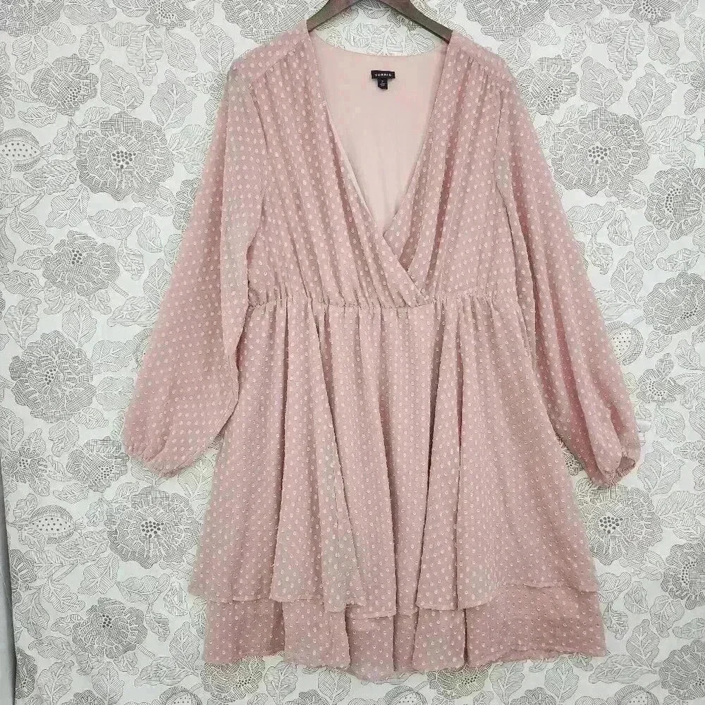 Torrid Wrap Midi Dress Size 2X Plus Long sleeve Chiffon Layer Ruffle Textured